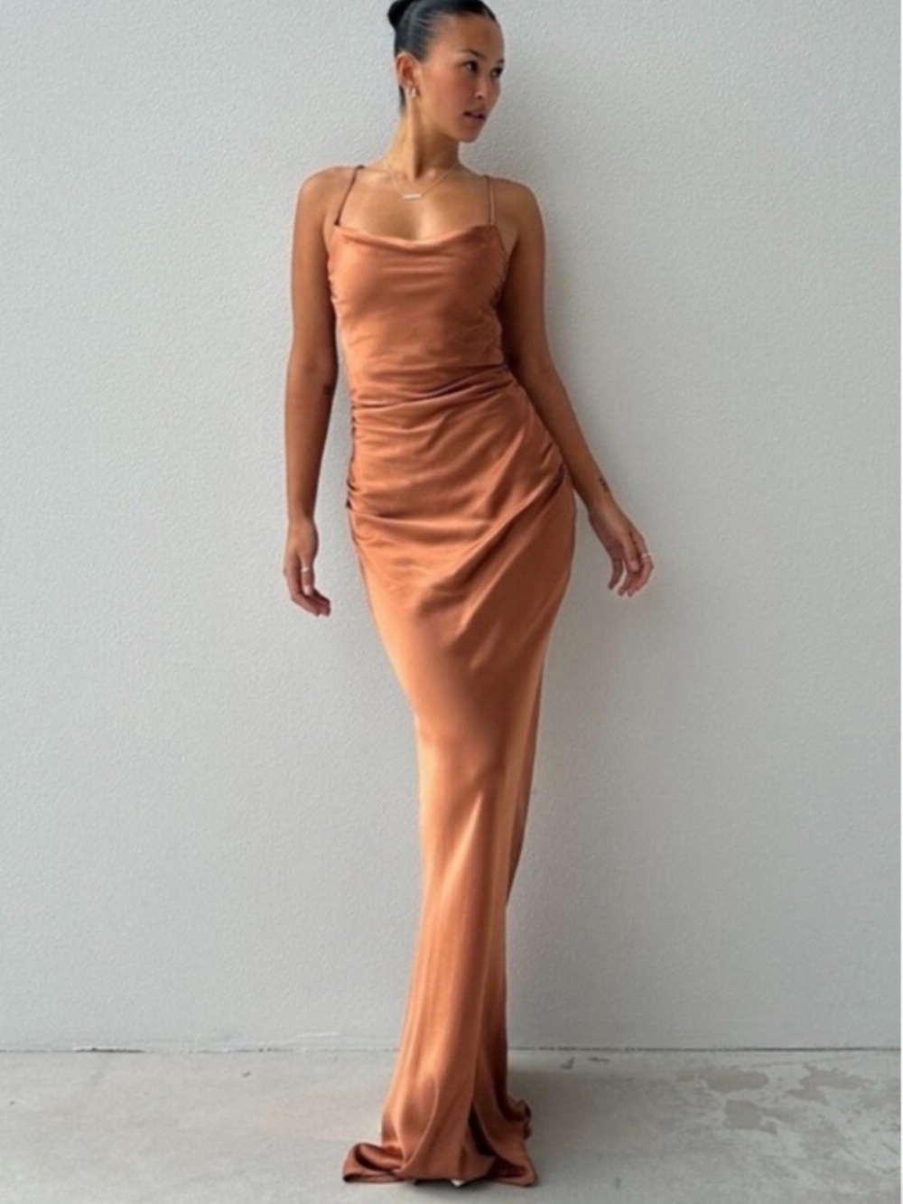 Shona Joy La Lune Lace Up Back Maxi Dress Copper Satin Women’s Size 4